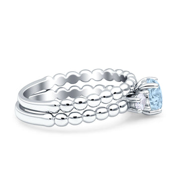 Three Stone Two Piece Bridal Wedding Beaded Ring Round Simulated Aquamarine 925 Sterling Silver Wholesale